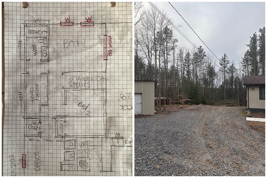 Hand-drawn floor plan sketches on graph paper for our mountain town home renovation and addition in Thomas, WV.