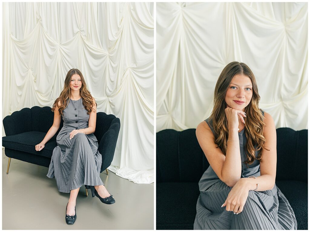 Full-length branding portrait of a female entrepreneur seated in front of a white draped backdrop at The Onyx Room West Virginia for Brittany Ann’s Events branding session