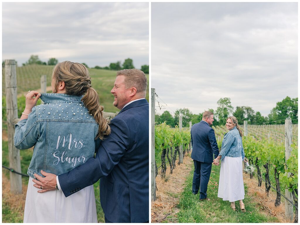 Couple celebrating their newlywed status during an intimate Williams Gap Winery elopement surrounded by Virginia vineyard views