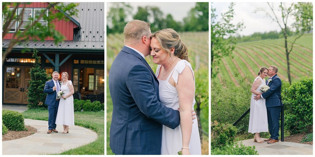 Small Virginia elopement celebration featuring vineyard portraits, wedding cake, and champagne toast