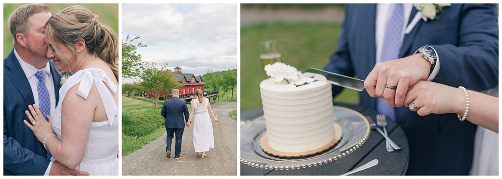 Newlyweds walking together after their Williams Gap Winery wedding alongside intimate elopement reception details in Virginia