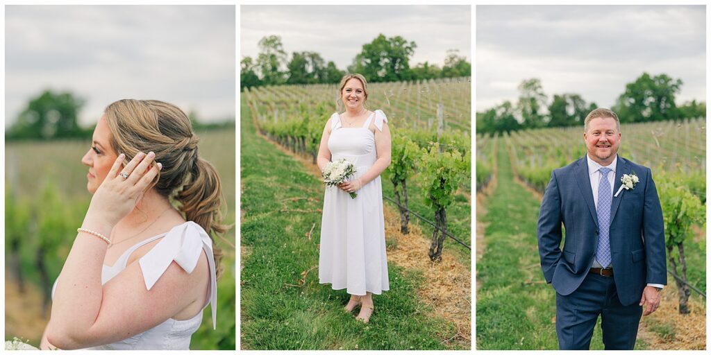 Bride holding her bouquet among the vineyard rows at Williams Gap Winery during a Virginia elopement