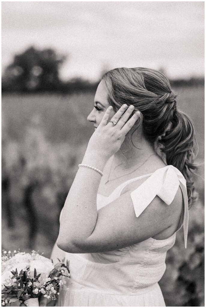 Black and white bridal portrait during a Williams Gap Winery elopement showcasing the beauty of Virginia wine country