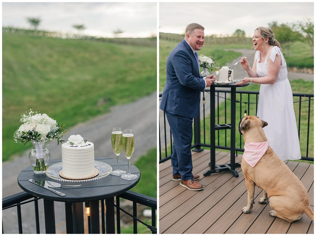 Intimate Virginia elopement ceremony at Williams Gap Winery with the couple exchanging vows and their dog by their side