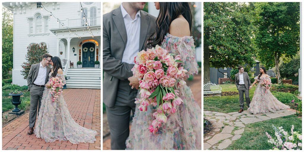 Virginia wedding inspiration at Mayhurst Estate with luxury engagement portraits, floral picnic styling, and timeless estate photography.