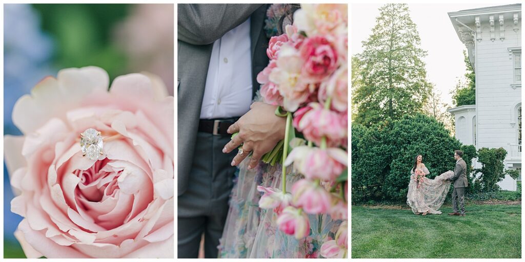 Outdoor engagement photos at Mayhurst Estate featuring spring garden inspiration, soft romantic tones, and elegant estate scenery.