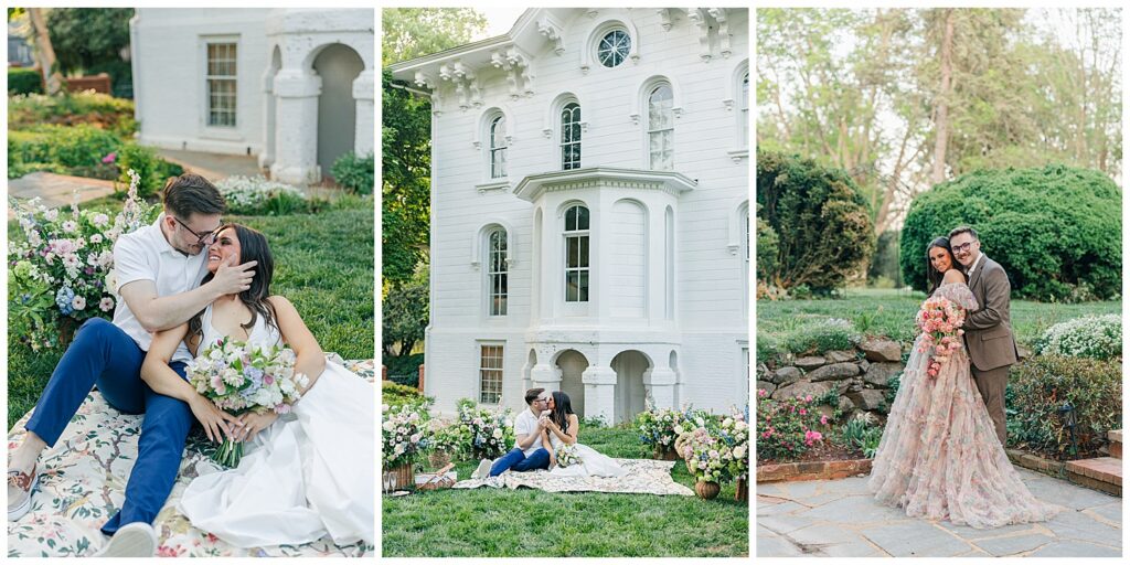 Historic Virginia estate engagement session showcasing dreamy natural light, luxury floral design, and romantic engagement portraits.
