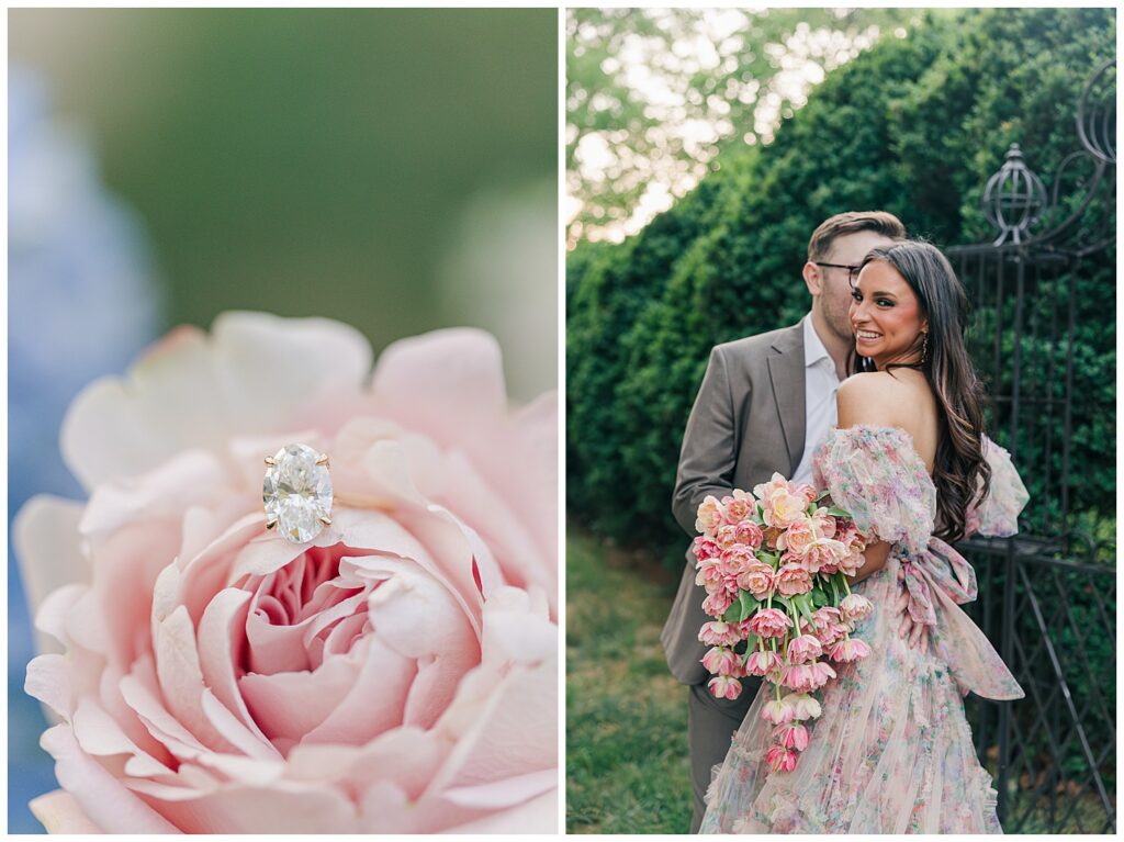 Romantic Virginia engagement session at Mayhurst Estate with elegant floral styling, historic estate backdrops, and soft golden hour portraits.