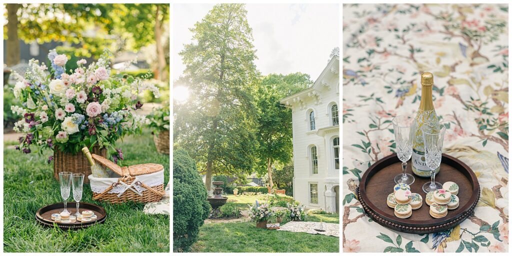 Mayhurst Estate Virginia engagement photos featuring colorful garden florals, elegant picnic details, and timeless engagement session inspiration for couples planning a romantic wedding.