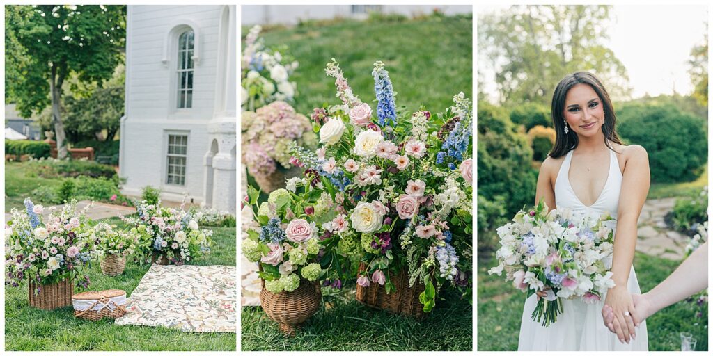 Fine art engagement photography at Mayhurst Estate in Virginia showcasing luxury floral styling, historic estate scenery, and romantic outdoor portraits.