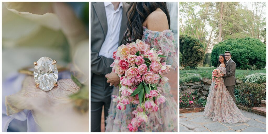 Historic estate engagement session in Virginia featuring soft natural light, floral-inspired styling, and timeless romantic couple portraits.