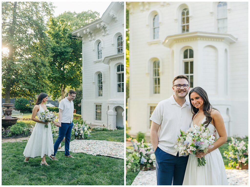 Garden party inspired engagement session at Mayhurst Estate in Virginia with lush florals, soft pastel tones, and timeless wedding photography inspiration.