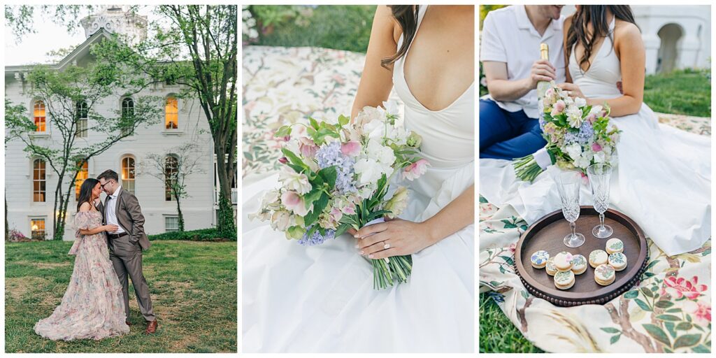 Virginia estate engagement photos at Mayhurst Estate with colorful spring florals, romantic picnic-inspired details, and timeless couple portraits.