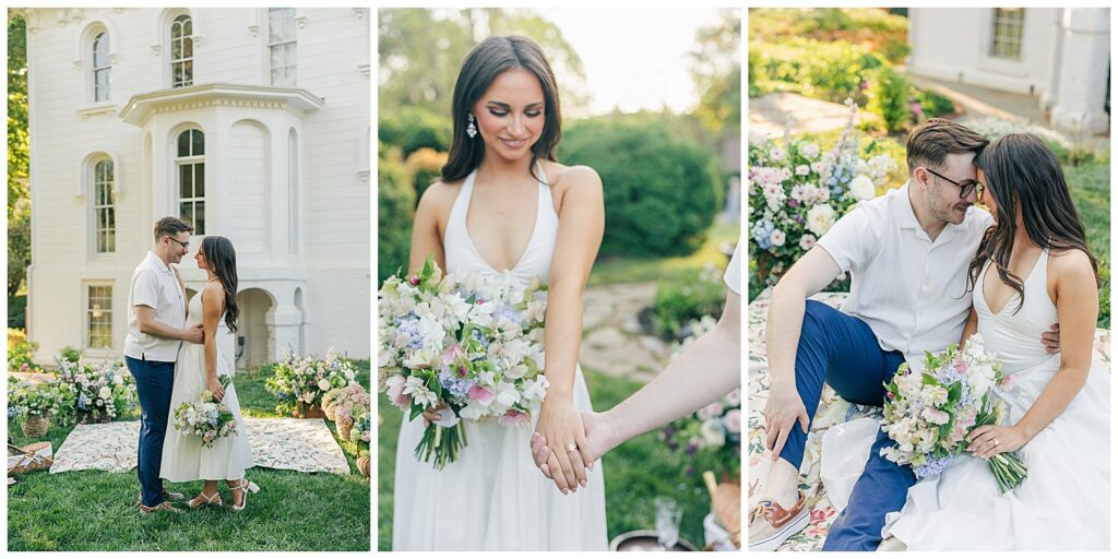 Garden-inspired floral picnic setup at Mayhurst Estate for a romantic Virginia engagement session featuring colorful spring blooms and luxury engagement photo inspiration.
