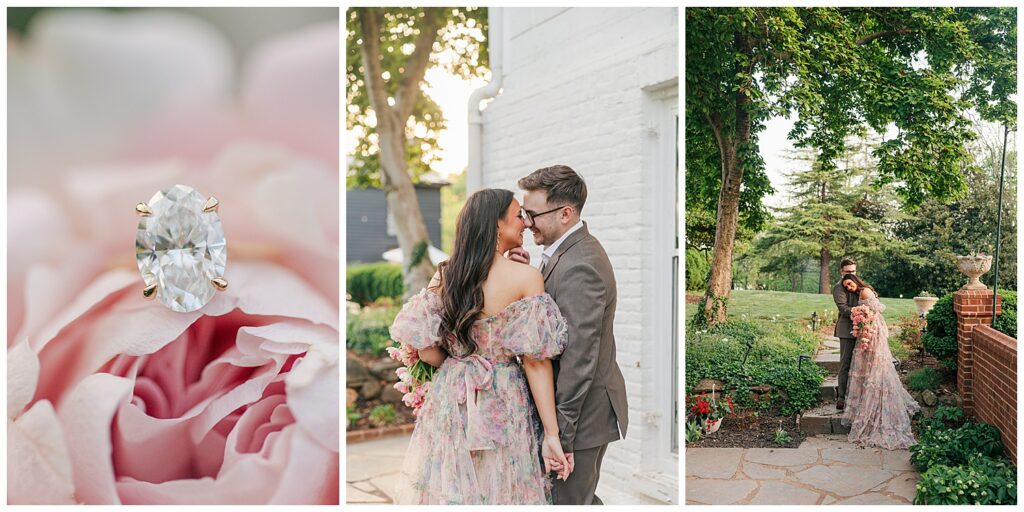 Bride-to-be posing outside Mayhurst Estate with lush spring florals during a romantic Virginia engagement photoshoot with elegant estate wedding inspiration.