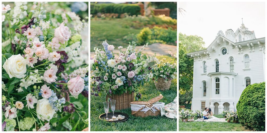 Close-up detail of floral styling and engagement ring during a luxury Virginia engagement session featuring garden-inspired wedding inspiration and soft spring colors at Mayhurst Estate.