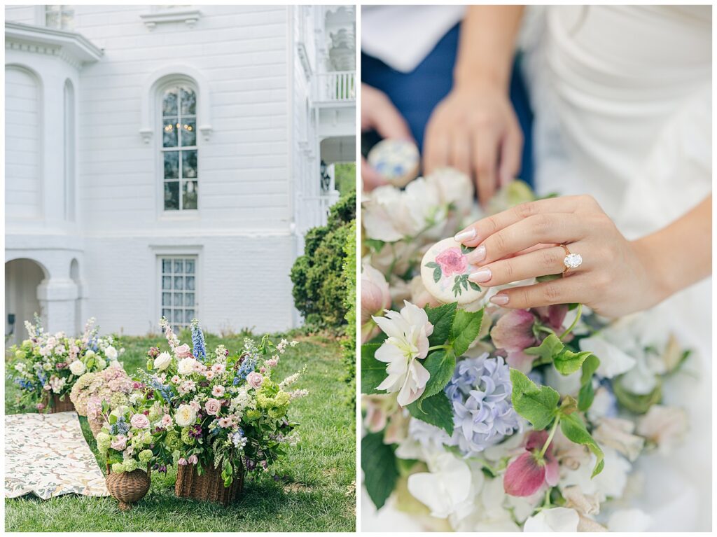 Engaged couple sitting together outside Mayhurst Estate during a romantic Virginia engagement session with colorful floral arrangements, soft evening light, and luxury estate wedding inspiration.