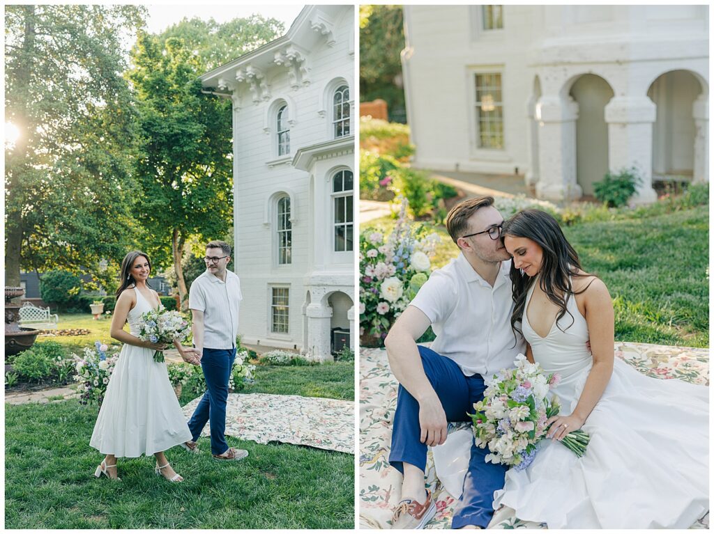 Romantic engagement session at Mayhurst Estate in Virginia featuring a couple walking hand-in-hand outside the historic estate with soft spring florals and elegant garden-inspired styling.