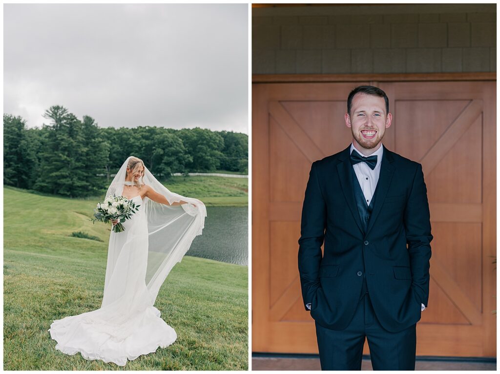 Romantic bridal and groom portraits at the Red Barn Inn during Faith and Luke’s luxury East Coast wedding.