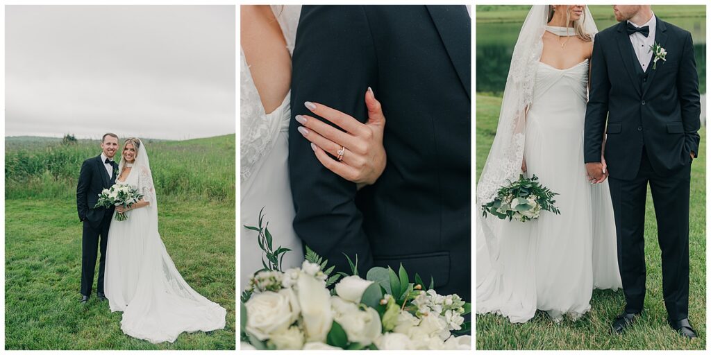 Elegant wedding detail of Faith holding Luke during their Red Barn Inn wedding, photographed by Zoe Evans Photography.
