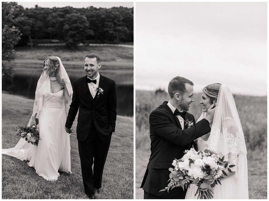 Timeless black-and-white bride and groom portraits beside the water at the Red Barn Inn by luxury photographer Zoe Evans Photography.