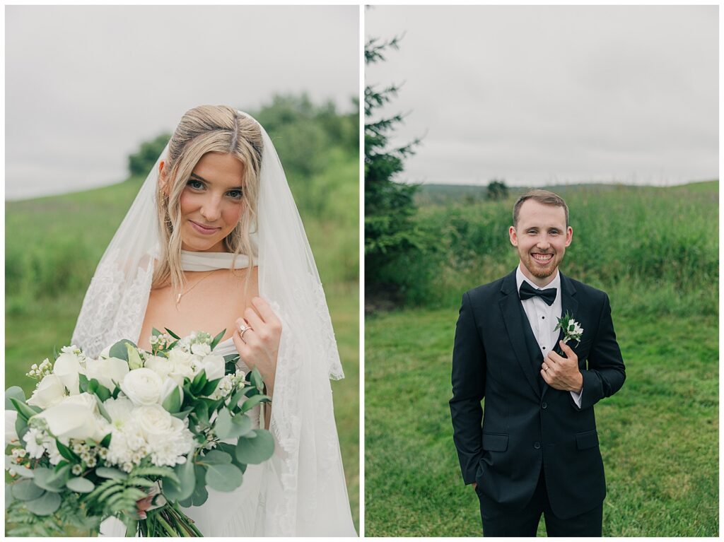 Timeless bride and groom portraits of Faith and Luke surrounded by countryside scenery at their luxury East Coast wedding.