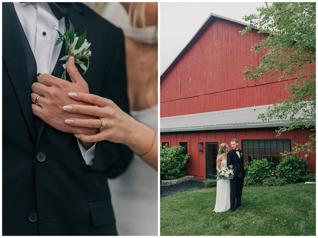 Elegant bridal details and red barn venue architecture photographed during Faith and Luke’s timeless East Coast wedding.
