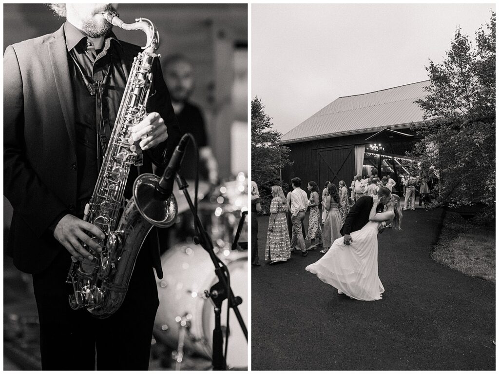 Live musician performing during Faith and Luke’s elegant East Coast wedding ceremony with guests gathered outside the venue.